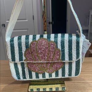 Elegant Pink, Green, and Whit Striped Beaded Shell Shoulder Bag NWT